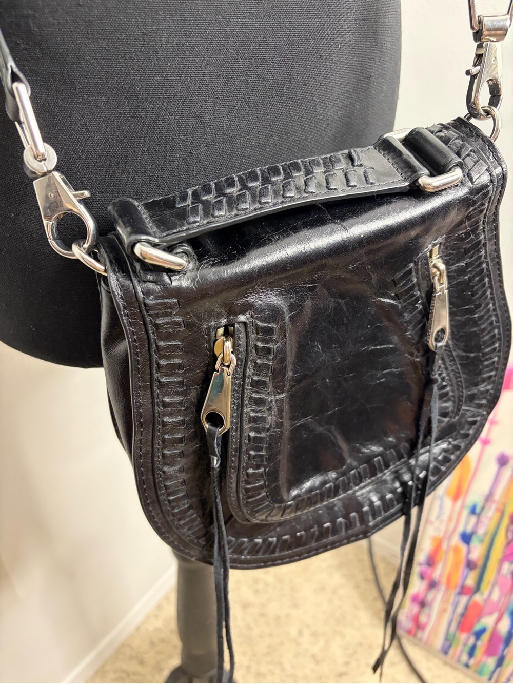 Rebecca Minkoff Black Leather Crossbody with Zip Tassels